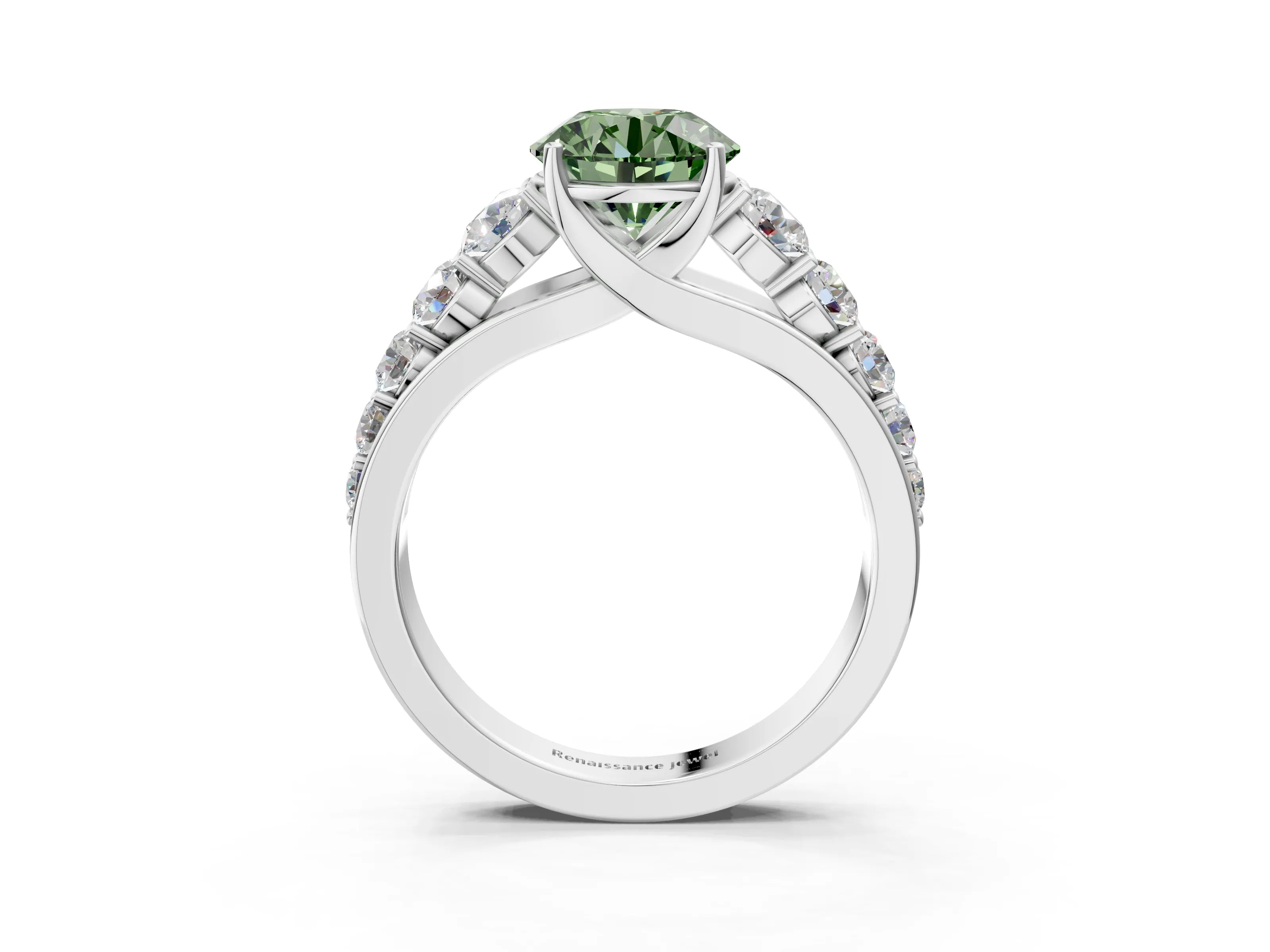 White gold Fancy Green Round Cut Brilliant Diamond Pavé Band with Six-Prong Setting_3