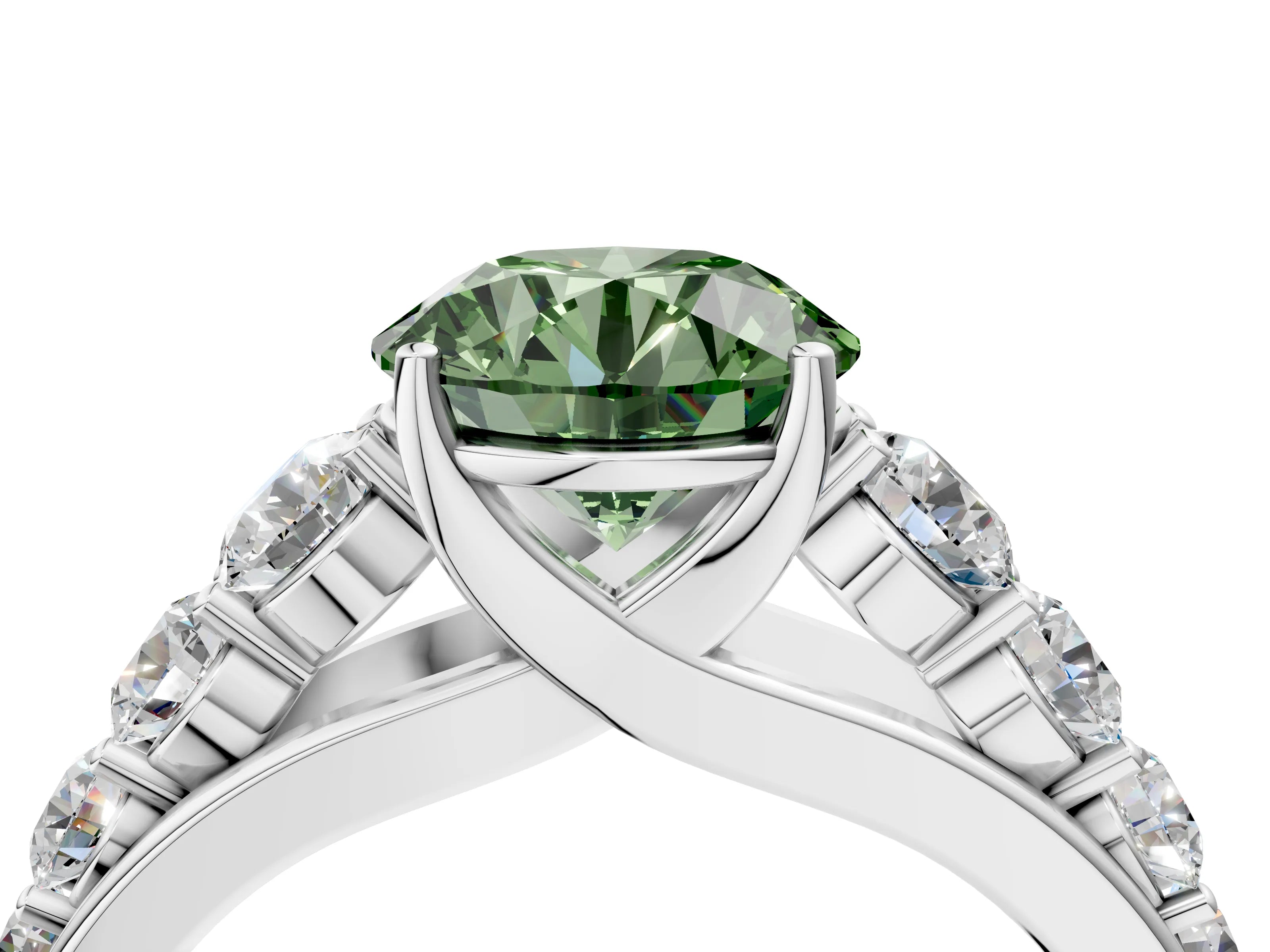 White gold Fancy Green Round Cut Brilliant Diamond Pavé Band with Six-Prong Setting_4
