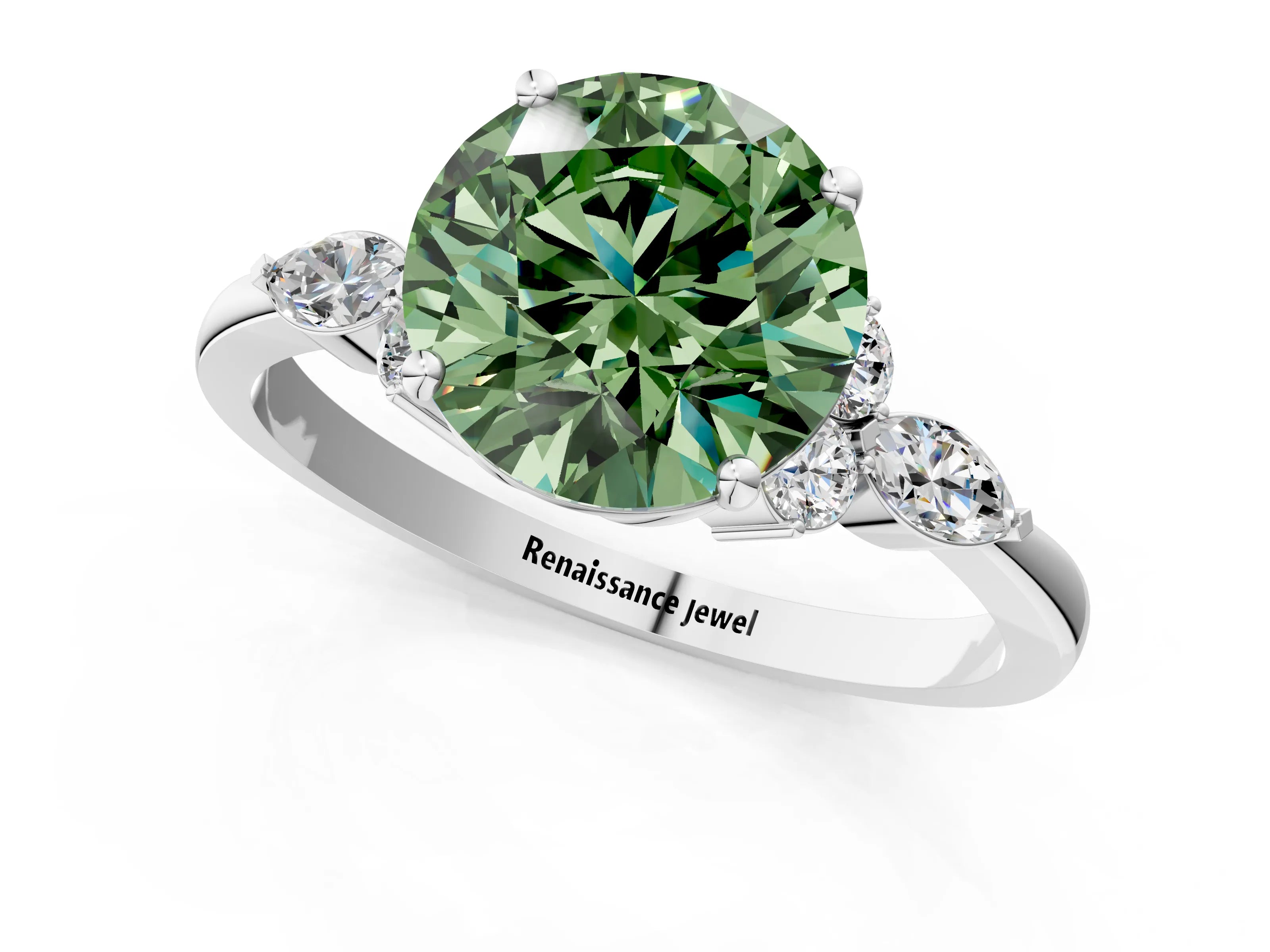 White gold Fancy Green Round Cut Brilliant Diamond Solitaire Ring with Pear Side Stones and Four-Prong Setting_19