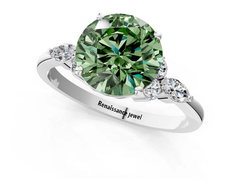 White gold Fancy Green Round Cut Brilliant Diamond Solitaire Ring with Pear Side Stones and Four-Prong Setting_19