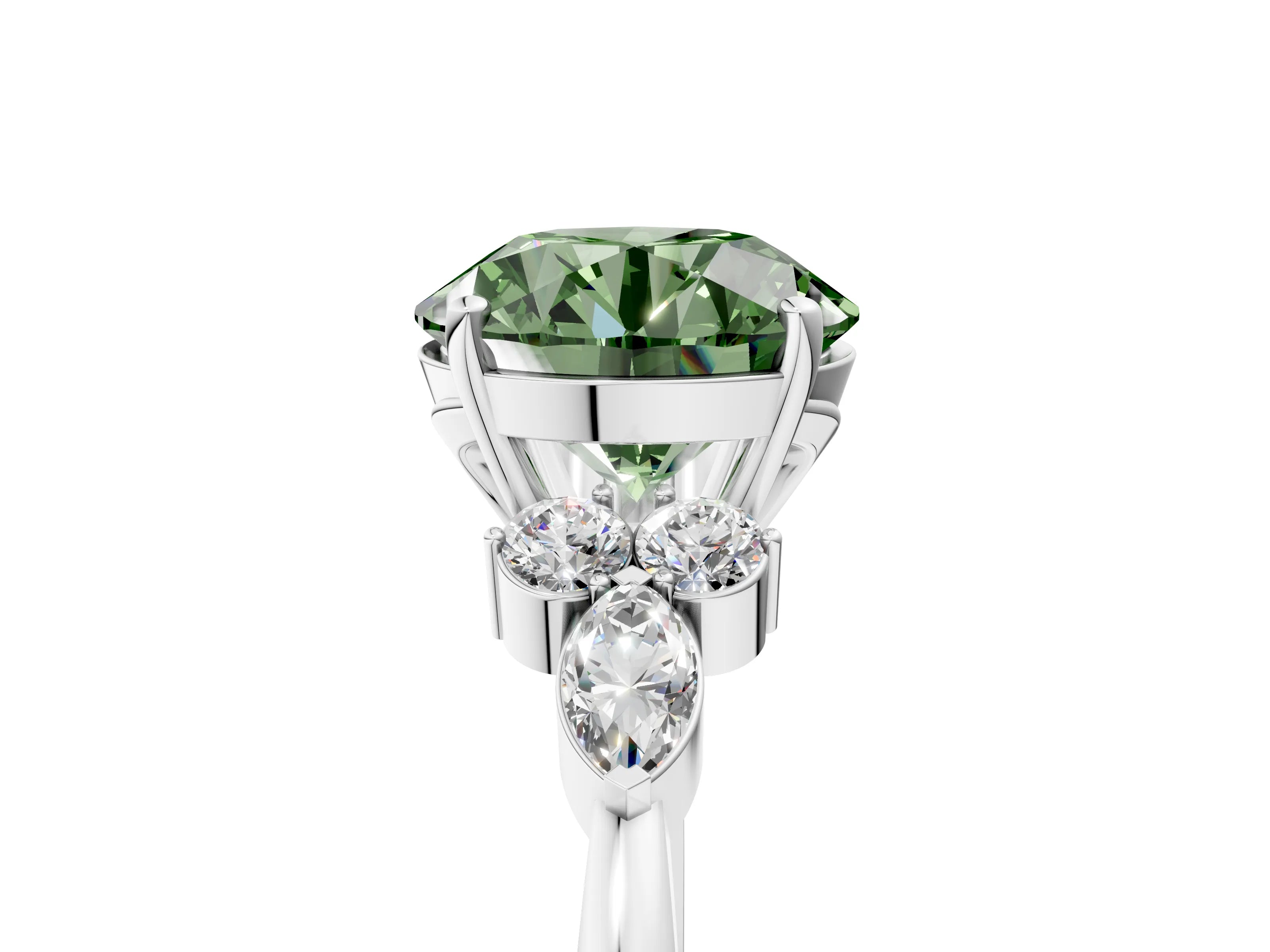 White gold Fancy Green Round Cut Brilliant Diamond Solitaire Ring with Pear Side Stones and Four-Prong Setting_23