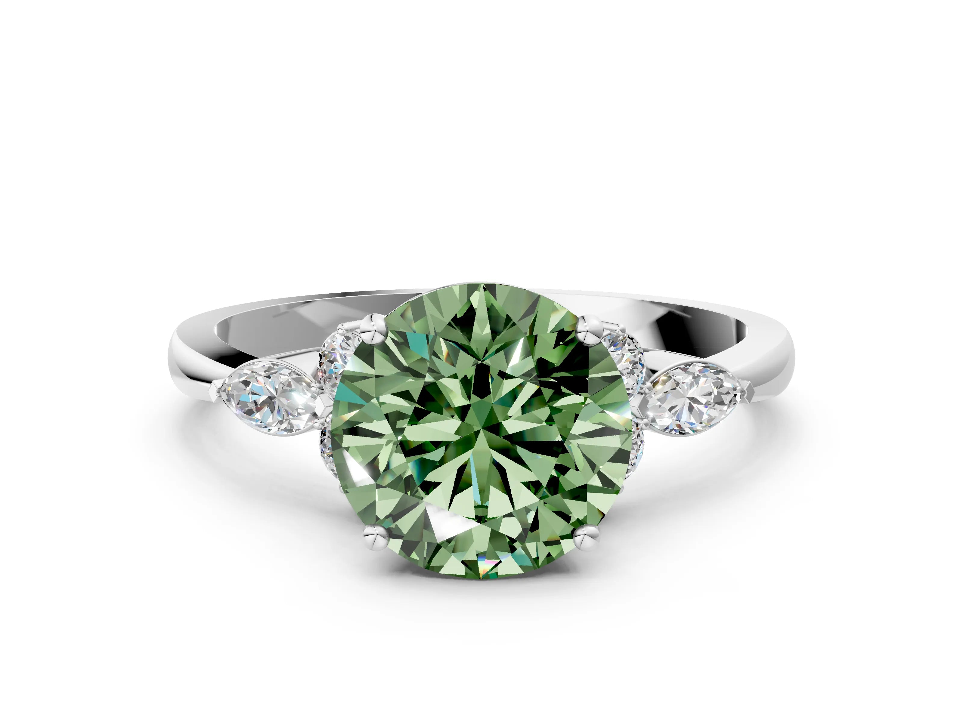 White gold Fancy Green Round Cut Brilliant Diamond Solitaire Ring with Pear Side Stones and Four-Prong Setting_24