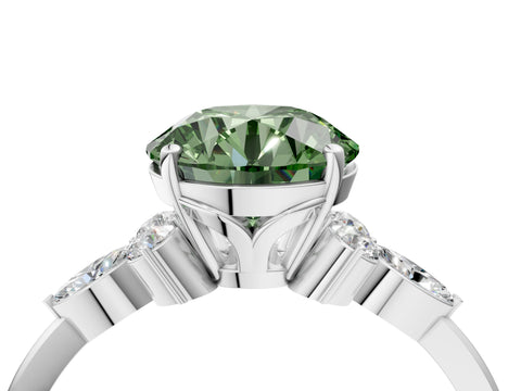 White gold Fancy Green Round Cut Brilliant Diamond Solitaire Ring with Pear Side Stones and Four-Prong Setting_28