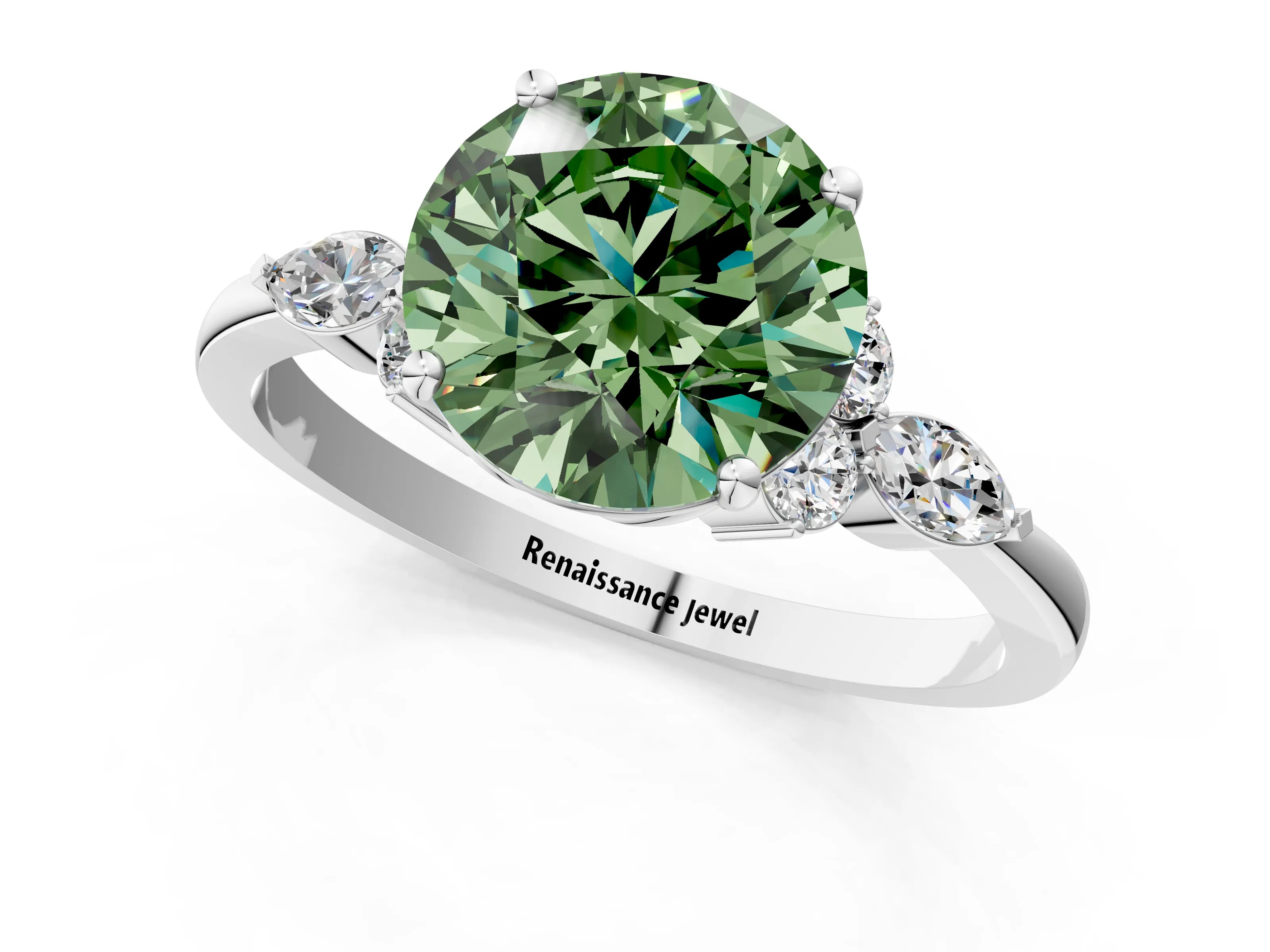 White gold Fancy Green Round Cut Brilliant Diamond Solitaire Ring with Pear Side Stones and Four-Prong Setting_29