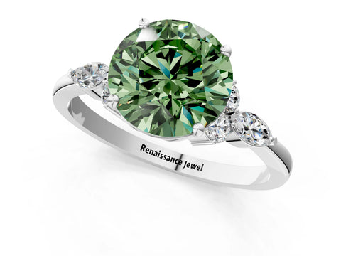 White gold Fancy Green Round Cut Brilliant Diamond Solitaire Ring with Pear Side Stones and Four-Prong Setting_29