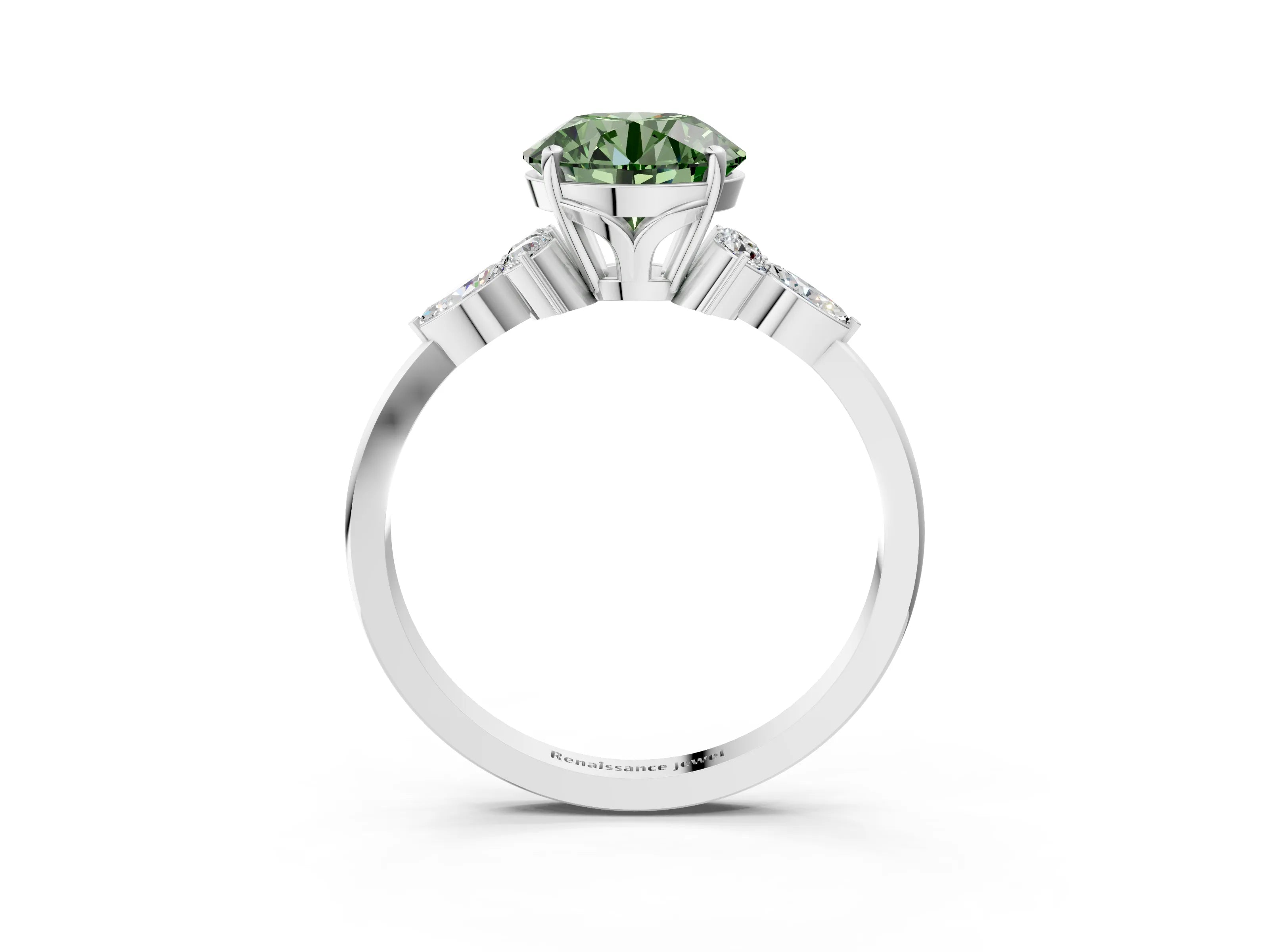 White gold Fancy Green Round Cut Brilliant Diamond Solitaire Ring with Pear Side Stones and Four-Prong Setting_31