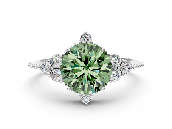 Platinum Fancy Green Round Cut Brilliant Diamond with Cluster Setting on a Beaded Band and Four-Prong Setting