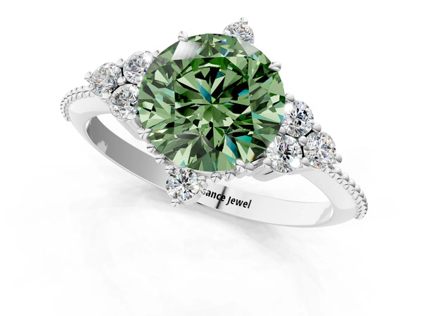 Platinum Fancy Green Round Cut Brilliant Diamond with Cluster Setting on a Beaded Band and Four-Prong Setting