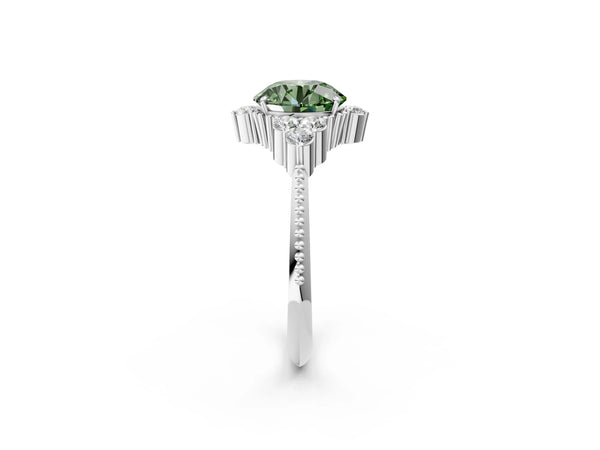 Platinum Fancy Green Round Cut Brilliant Diamond with Cluster Setting on a Beaded Band and Four-Prong Setting
