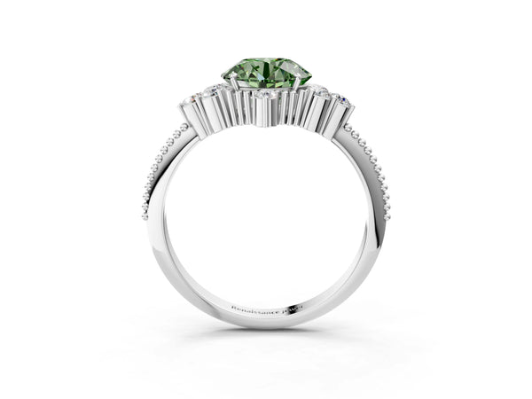 Platinum Fancy Green Round Cut Brilliant Diamond with Cluster Setting on a Beaded Band and Four-Prong Setting