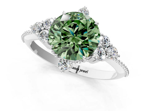 White gold Fancy Green Round Cut Brilliant Diamond with Cluster Setting on a Beaded Band and Four-Prong Setting_1