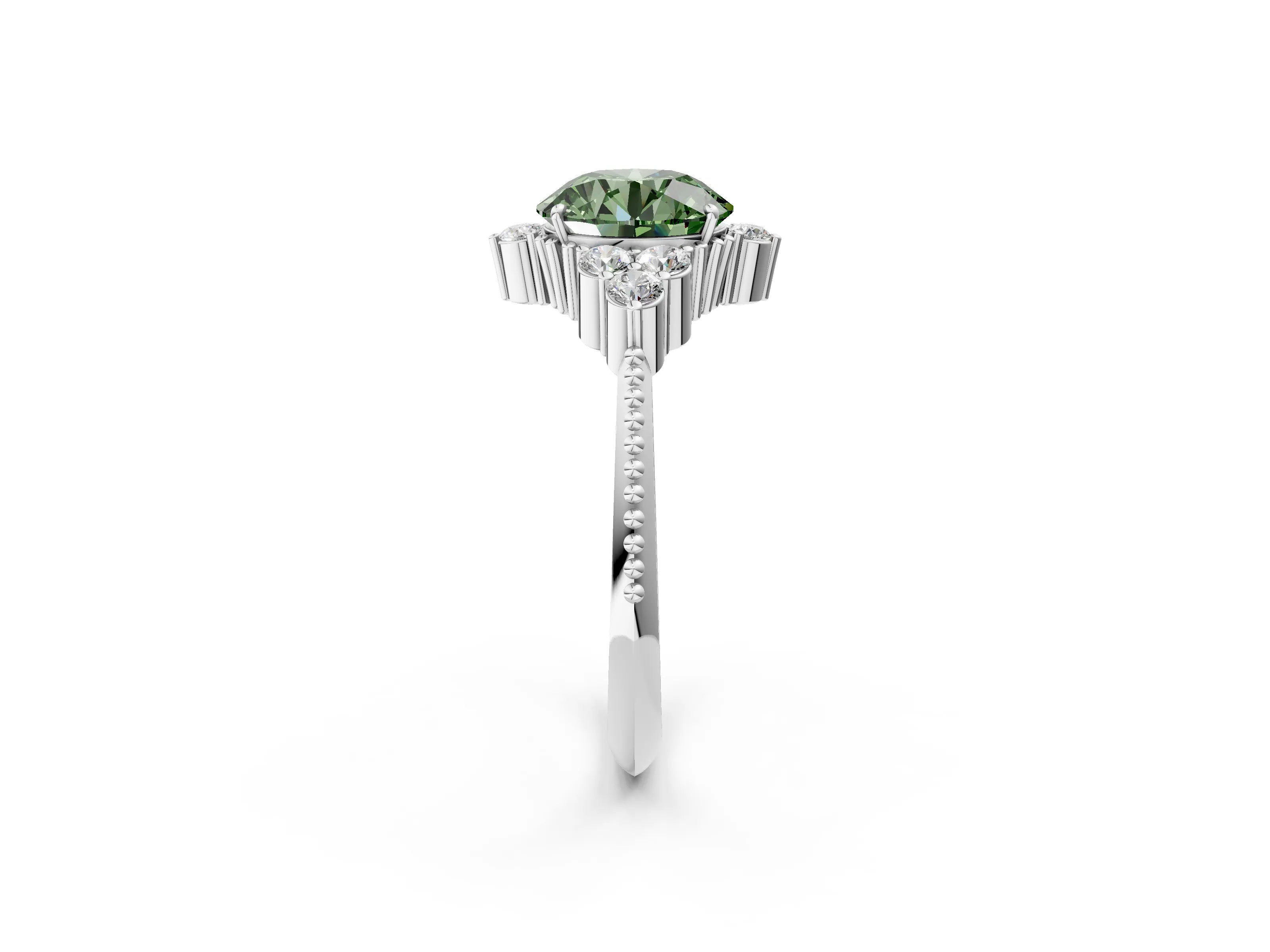 White gold Fancy Green Round Cut Brilliant Diamond with Cluster Setting on a Beaded Band and Four-Prong Setting_2