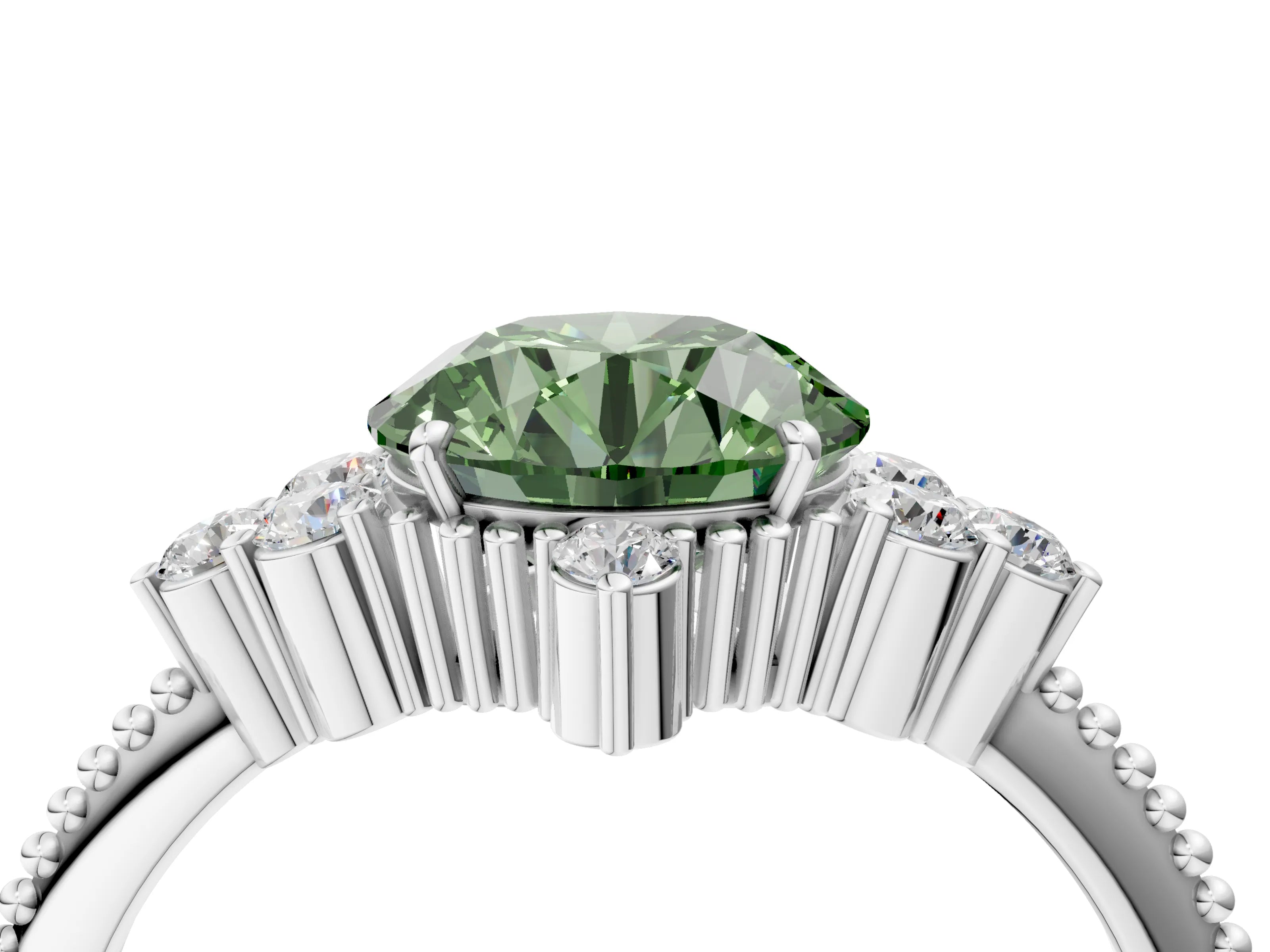 White gold Fancy Green Round Cut Brilliant Diamond with Cluster Setting on a Beaded Band and Four-Prong Setting_4