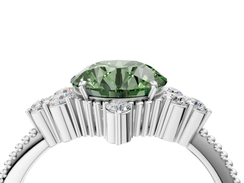 White gold Fancy Green Round Cut Brilliant Diamond with Cluster Setting on a Beaded Band and Four-Prong Setting_4