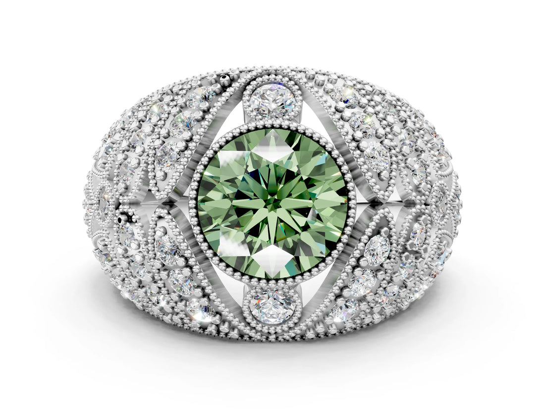 White gold Fancy Green Round Cut Brilliant Halo Pave Diamond Milgrain Ring