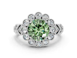 White gold Fancy Green Round Cut Brilliant Milgrain Pave Heart Band Solitaire Ring_12