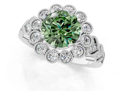 White gold Fancy Green Round Cut Brilliant Milgrain Pave Heart Band Solitaire Ring_1