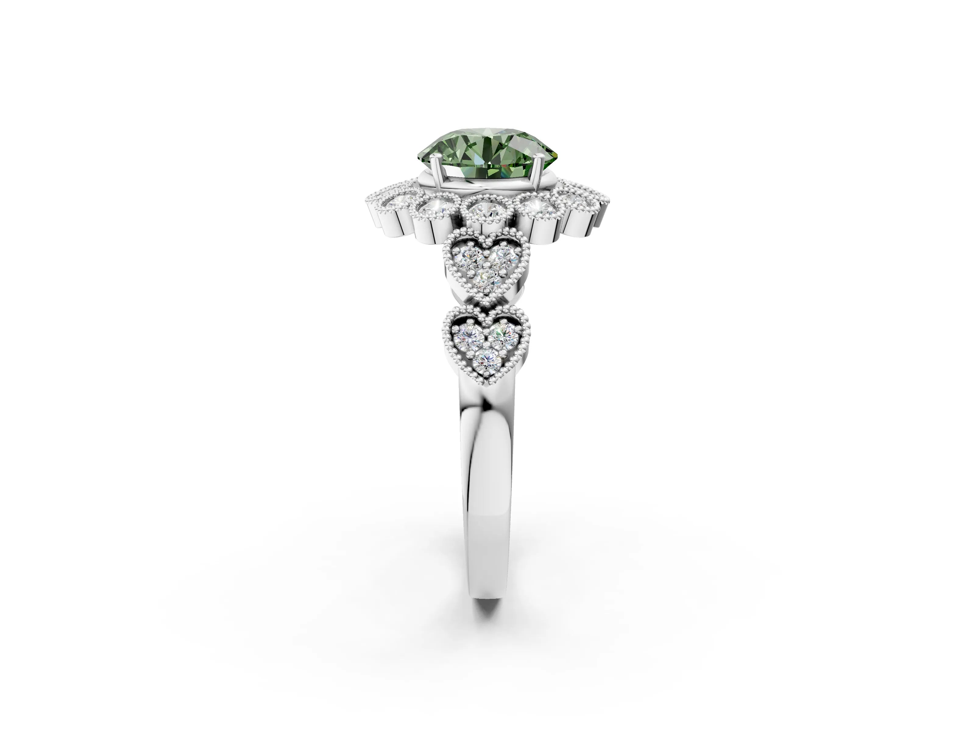 White gold Fancy Green Round Cut Brilliant Milgrain Pave Heart Band Solitaire Ring_2