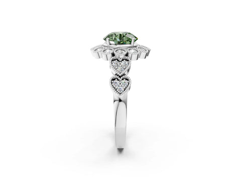 White gold Fancy Green Round Cut Brilliant Milgrain Pave Heart Band Solitaire Ring_2