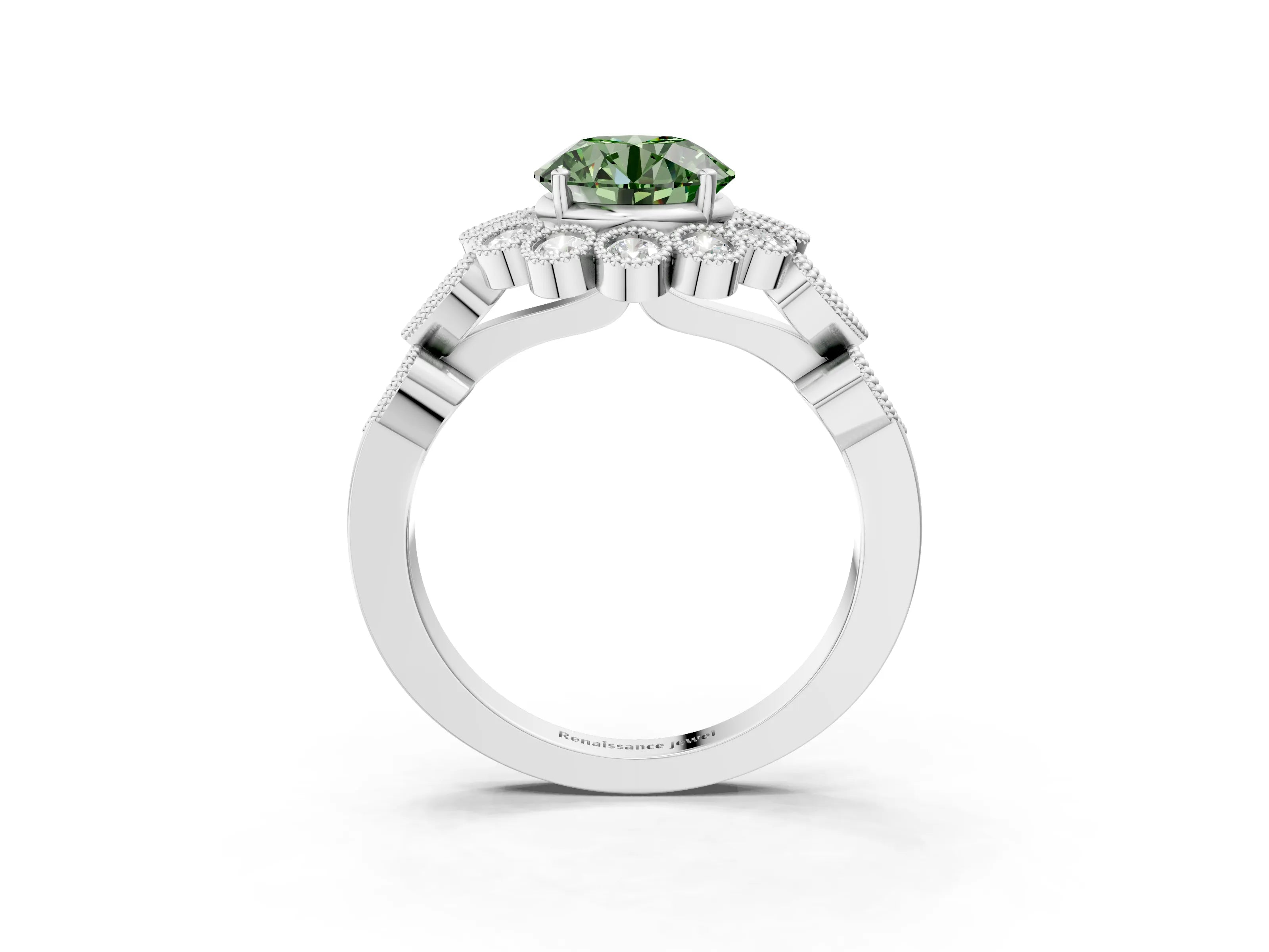 White gold Fancy Green Round Cut Brilliant Milgrain Pave Heart Band Solitaire Ring_3