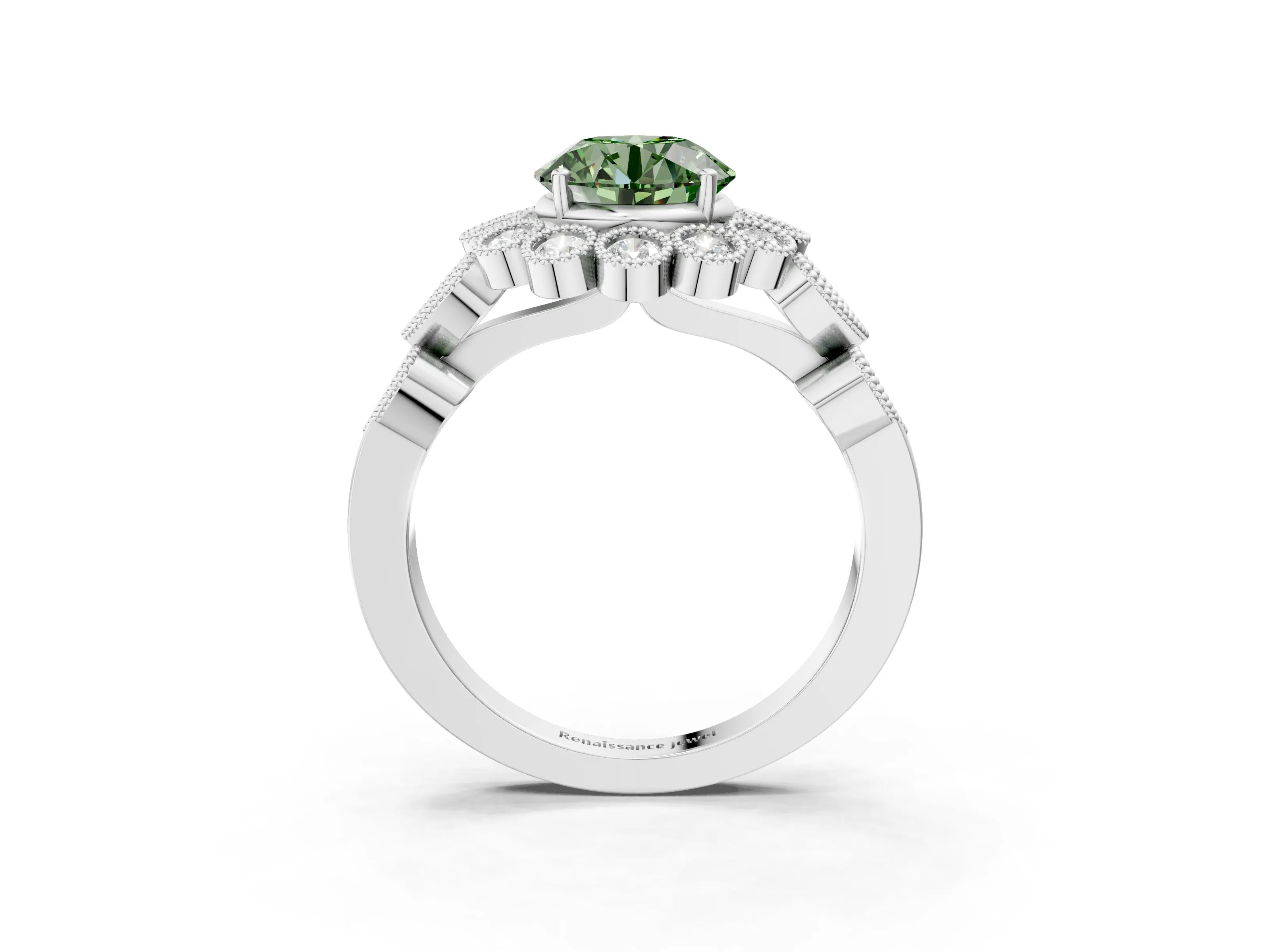 White gold Fancy Green Round Cut Brilliant Milgrain Pave Heart Band Solitaire Ring_3