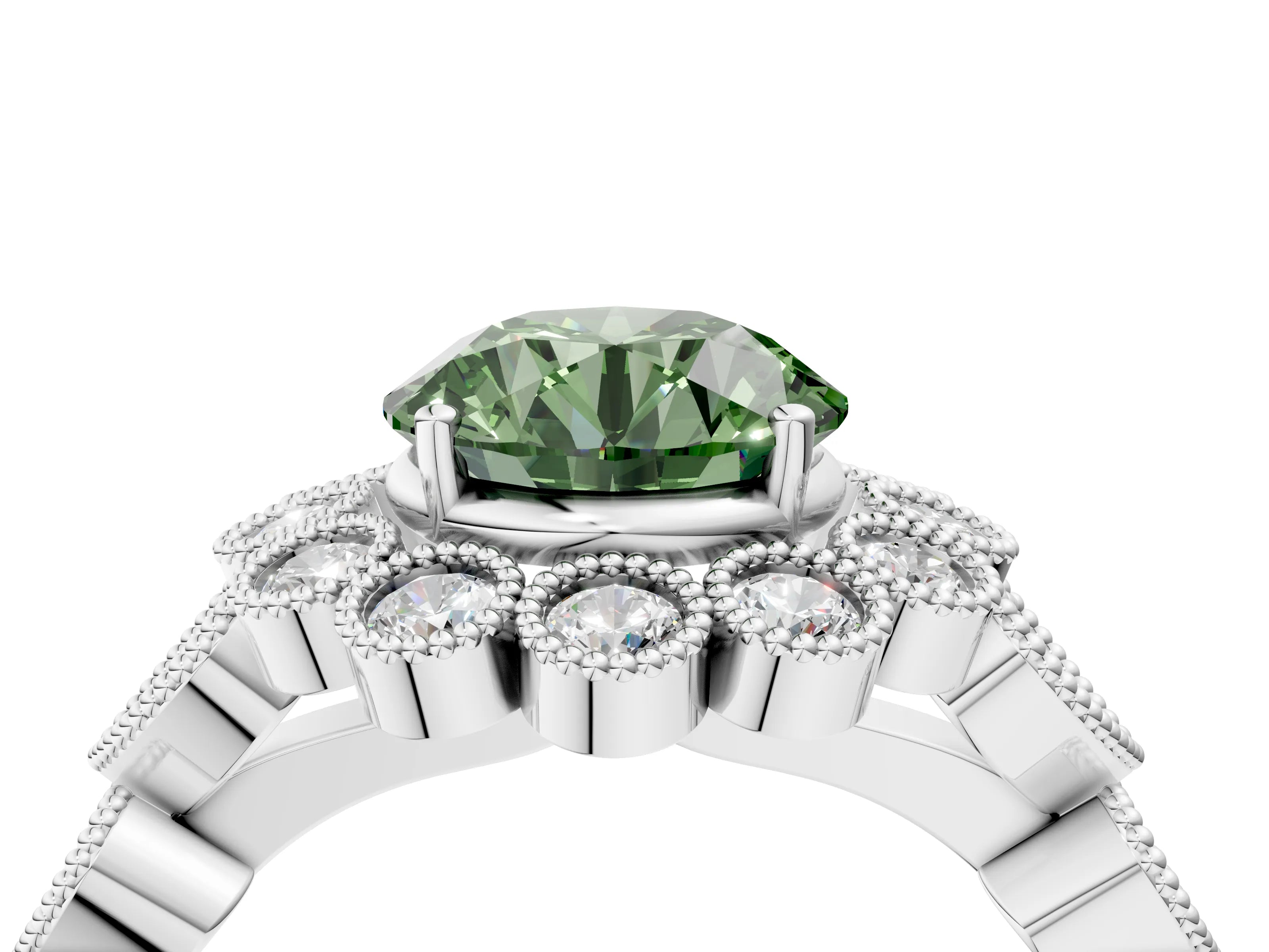 White gold Fancy Green Round Cut Brilliant Milgrain Pave Heart Band Solitaire Ring_4