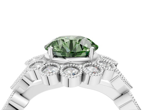 White gold Fancy Green Round Cut Brilliant Milgrain Pave Heart Band Solitaire Ring_4