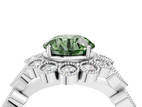 White gold Fancy Green Round Cut Brilliant Milgrain Pave Heart Band Solitaire Ring_4