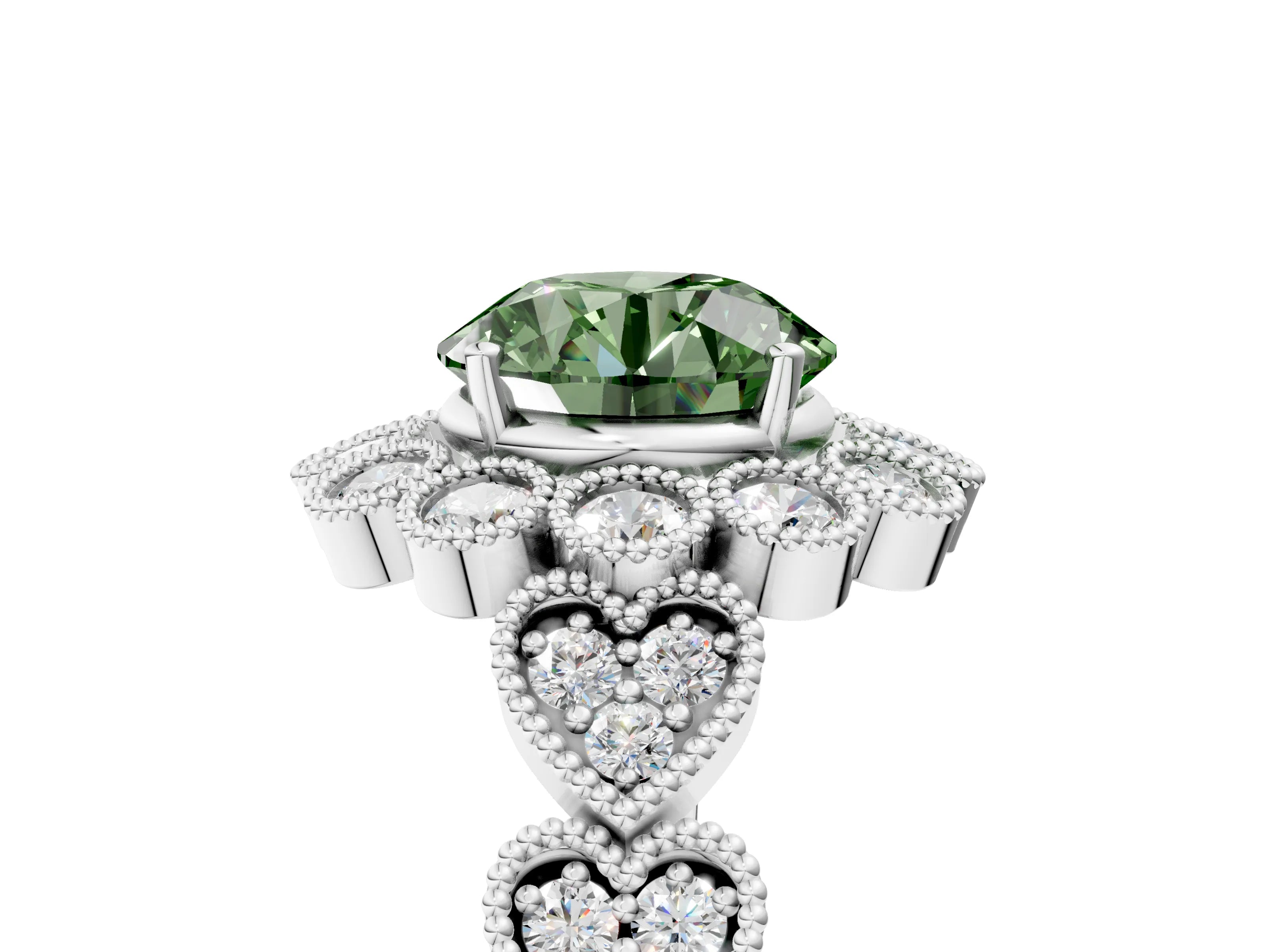 White gold Fancy Green Round Cut Brilliant Milgrain Pave Heart Band Solitaire Ring_5