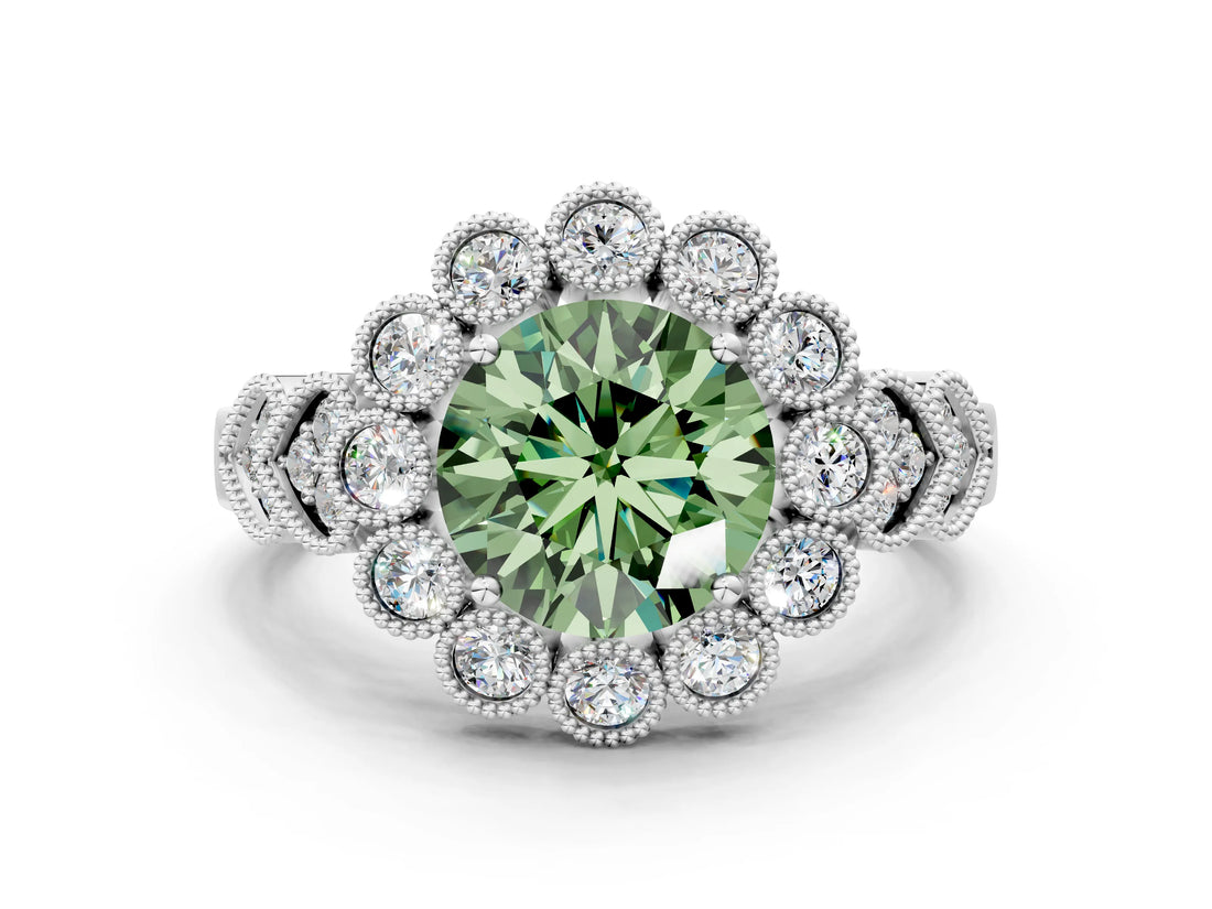 White gold Fancy Green Round Cut Brilliant Milgrain Pave Heart Band Solitaire Ring