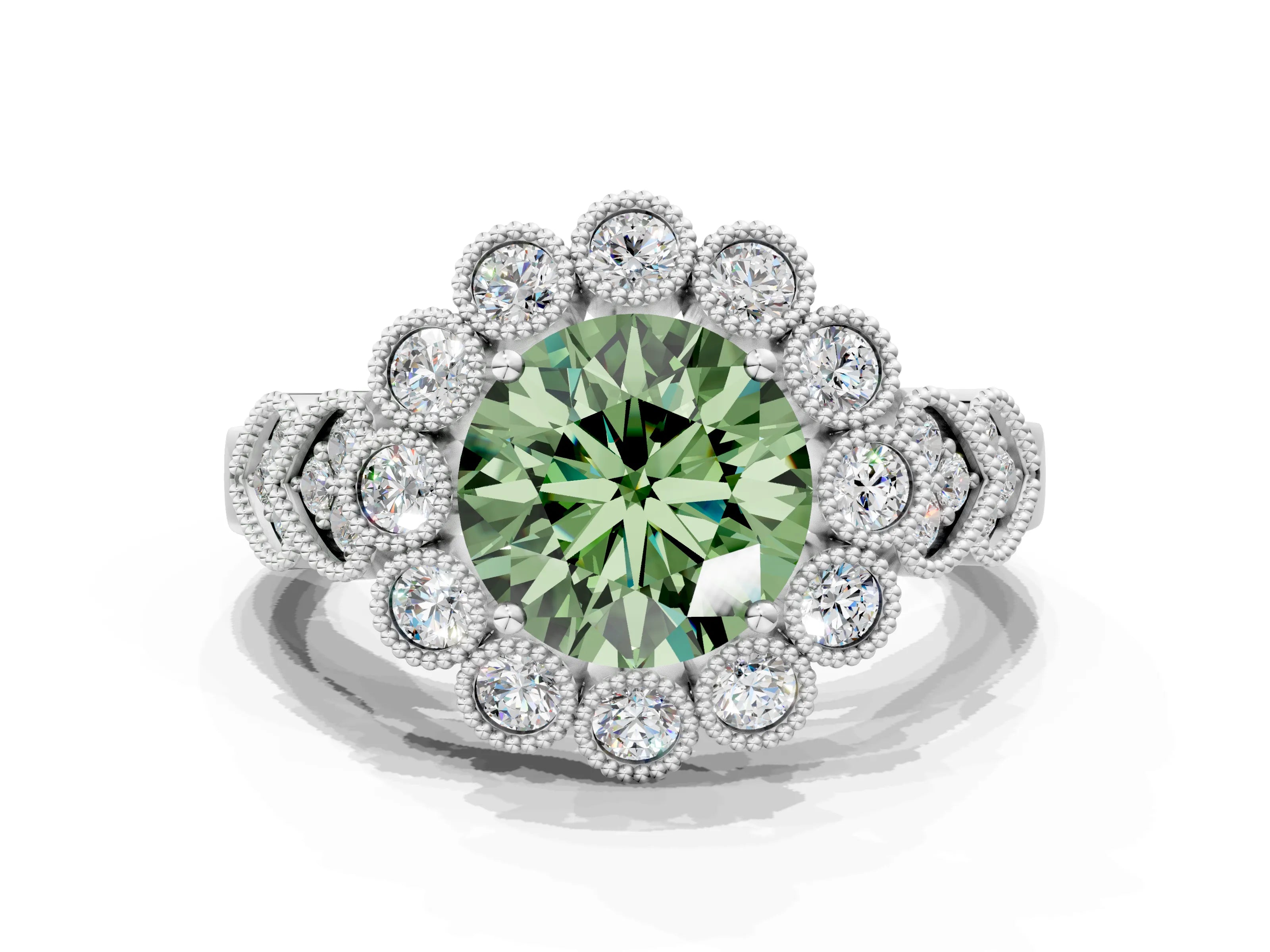 White gold Fancy Green Round Cut Brilliant Milgrain Pave Heart Band Solitaire Ring