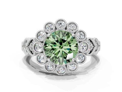 White gold Fancy Green Round Cut Brilliant Milgrain Pave Heart Band Solitaire Ring