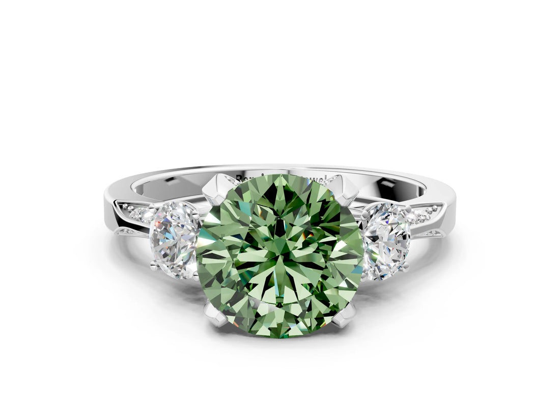 White gold Fancy Green Round Cut Brilliant Three-Stone Diamond Ring with Pavé Band and Four-Prong Setting_27