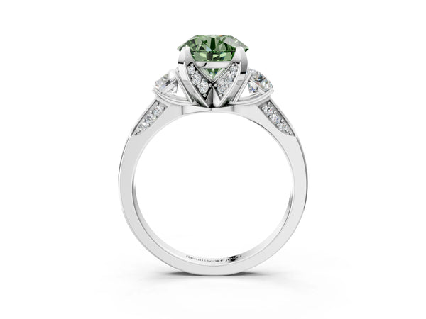 White gold Fancy Green Round Cut Brilliant Three-Stone Diamond Ring with Pavé Band and Four-Prong Setting