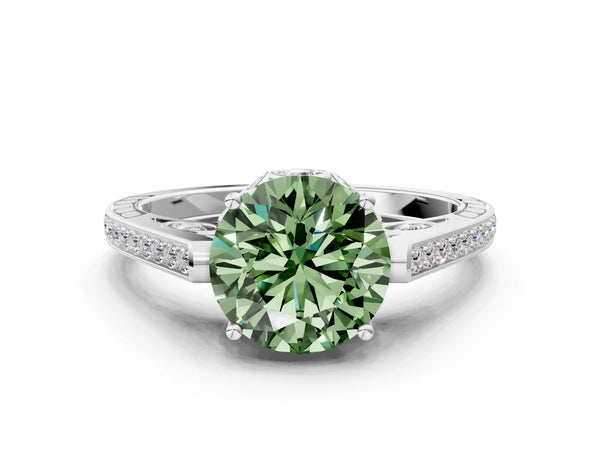 Platinum Fancy Green Round  Cut Cathedral Pave Diamond Engagement Ring with Six-Prong Setting