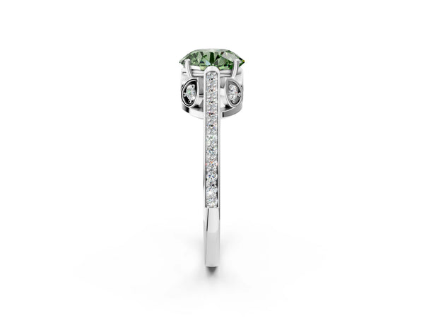 Platinum Fancy Green Round  Cut Cathedral Pave Diamond Engagement Ring with Six-Prong Setting
