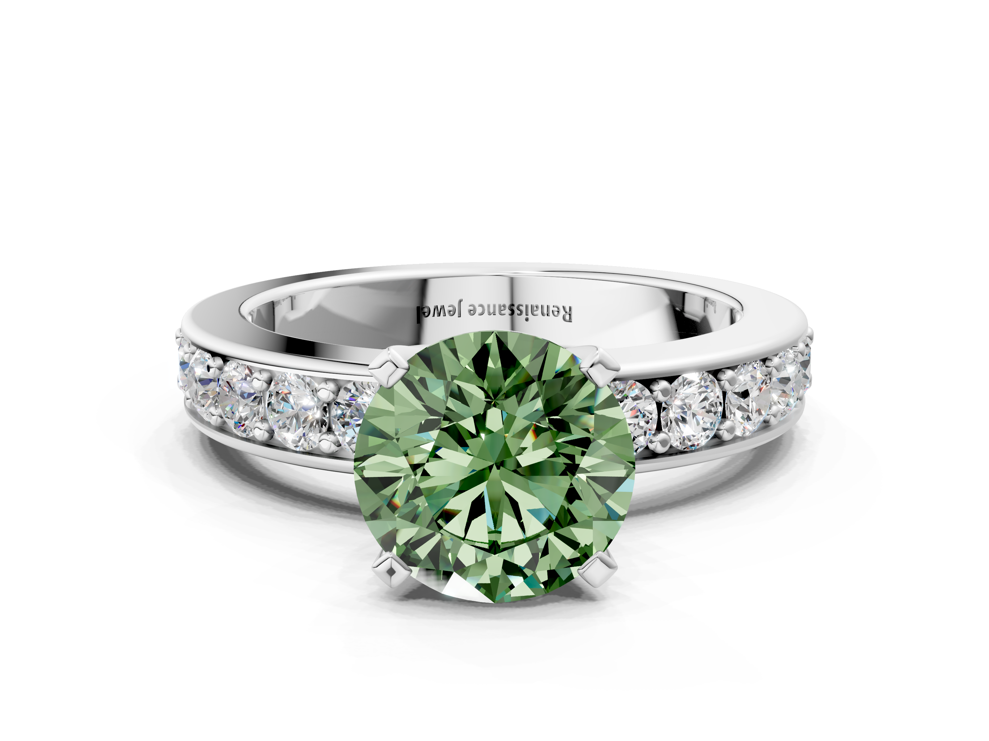 White gold Fancy Green Round  Cut Channel Set Diamond Engagement Ring with Four-Prong Setting_247