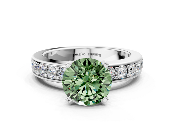 White gold Fancy Green Round  Cut Channel Set Diamond Engagement Ring with Four-Prong Setting