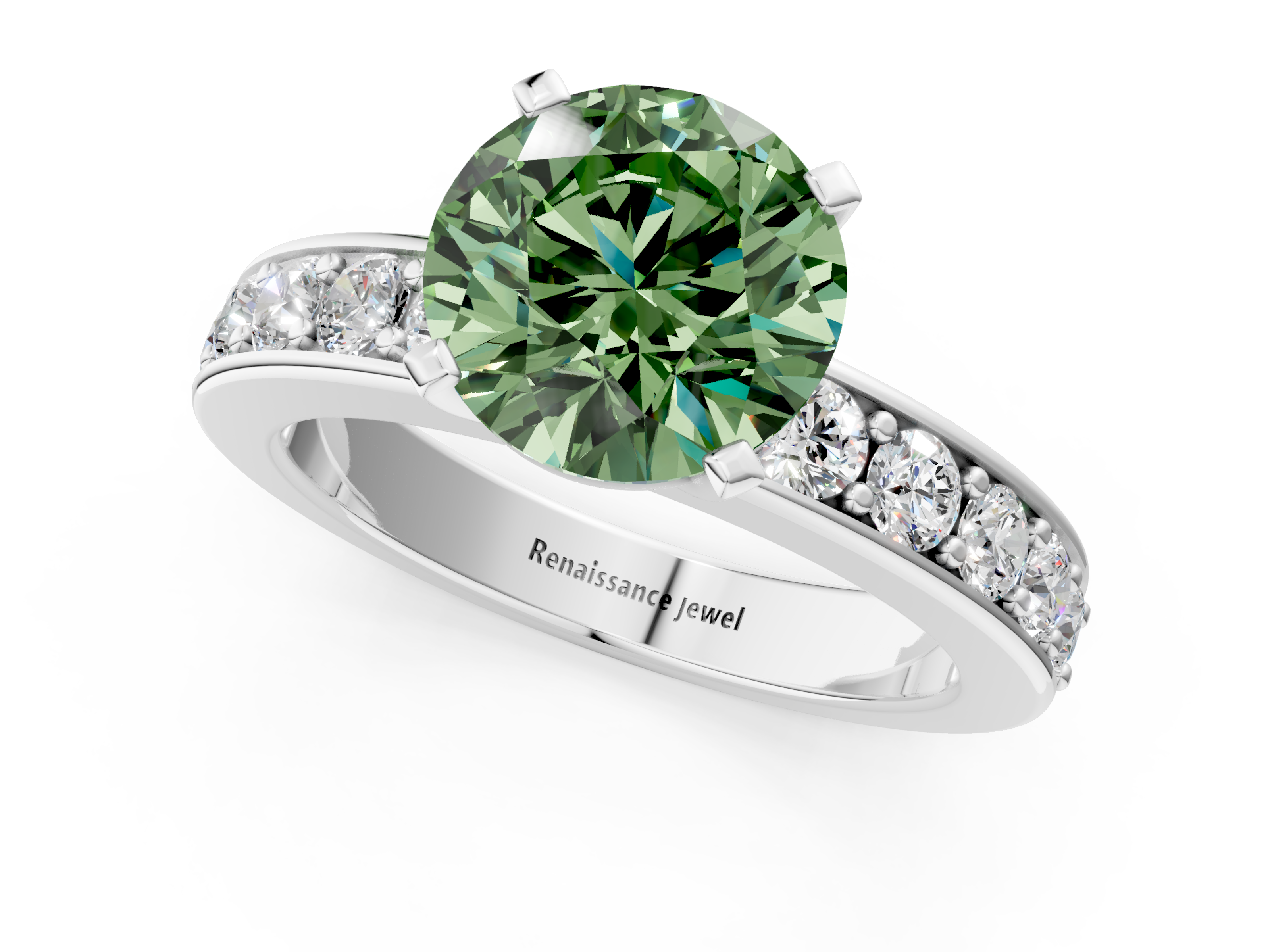 White gold Fancy Green Round  Cut Channel Set Diamond Engagement Ring with Four-Prong Setting_248