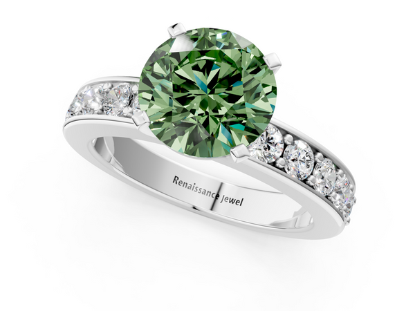 White gold Fancy Green Round  Cut Channel Set Diamond Engagement Ring with Four-Prong Setting