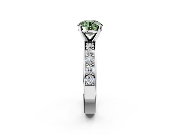 White gold Fancy Green Round  Cut Channel Set Diamond Engagement Ring with Four-Prong Setting