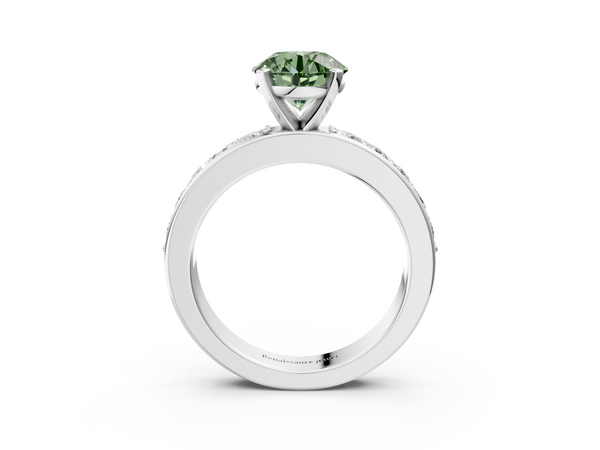 White gold Fancy Green Round  Cut Channel Set Diamond Engagement Ring with Four-Prong Setting