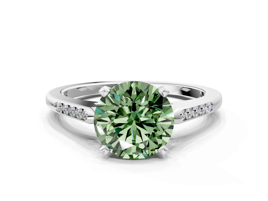 White gold Fancy Green Round  Cut Channel Set Solitaire Engagement Ring with Four-Prong Setting_228