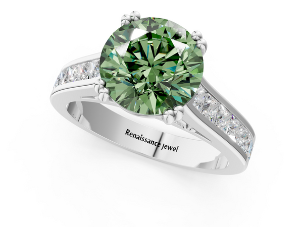 Platinum Fancy Green Round  Cut Channel Set Solitaire Engagement Ring with Prong Setting