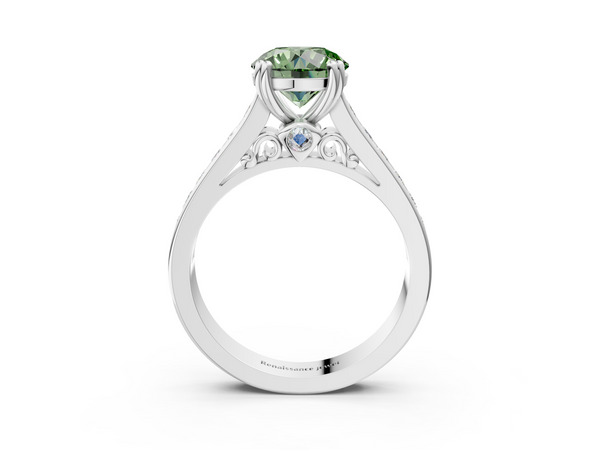 Platinum Fancy Green Round  Cut Channel Set Solitaire Engagement Ring with Prong Setting