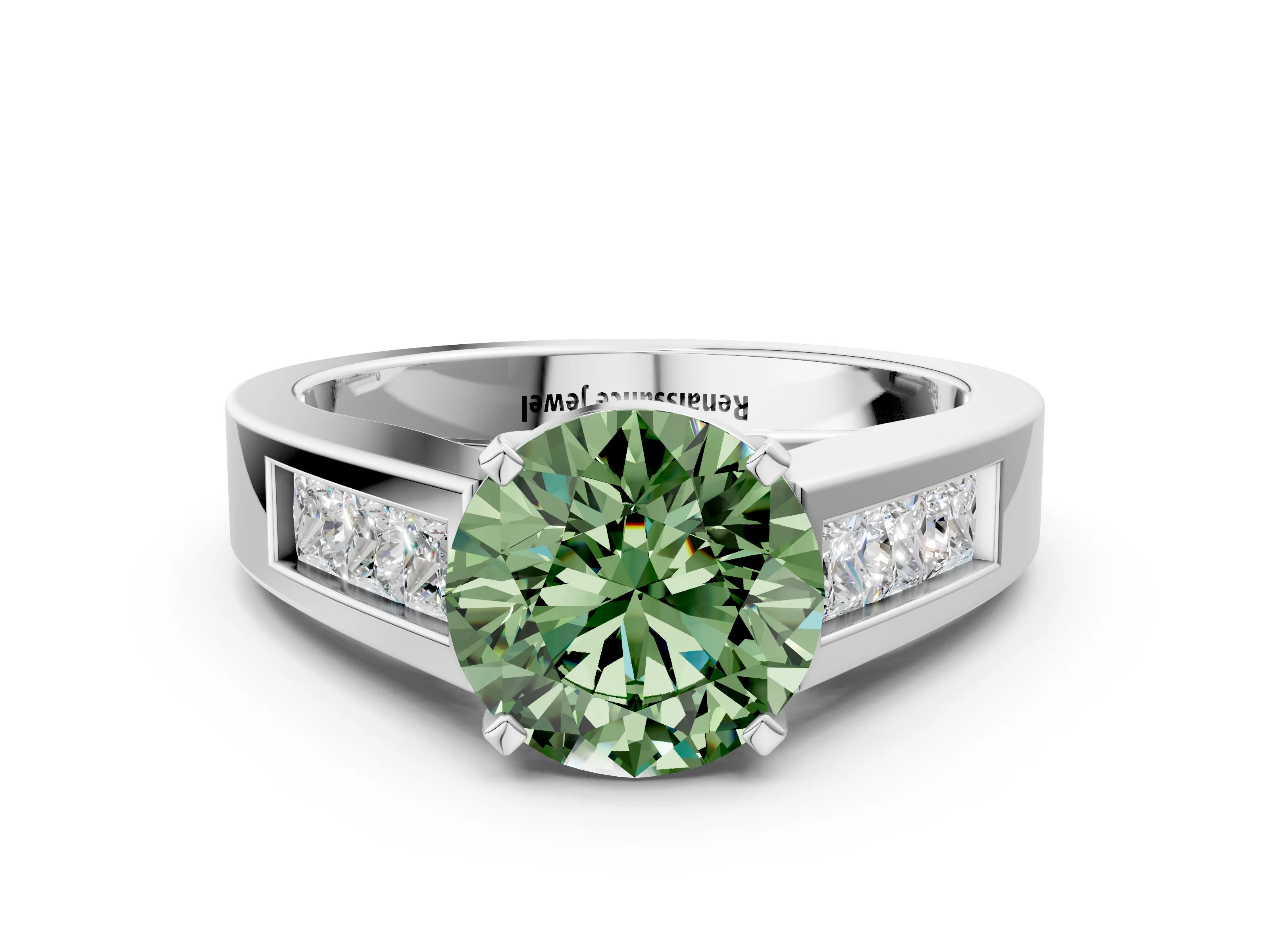 White gold Fancy Green Round Cut Cut Channel Set Solitaire Ring with Four-Prong Setting_12