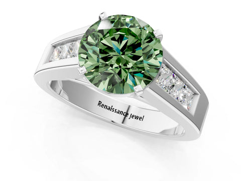 White gold Fancy Green Round Cut Cut Channel Set Solitaire Ring with Four-Prong Setting_1