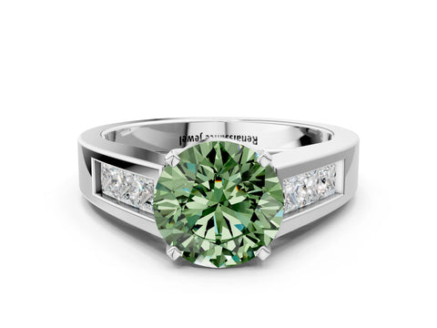 White gold Fancy Green Round Cut Cut Channel Set Solitaire Ring with Four-Prong Setting