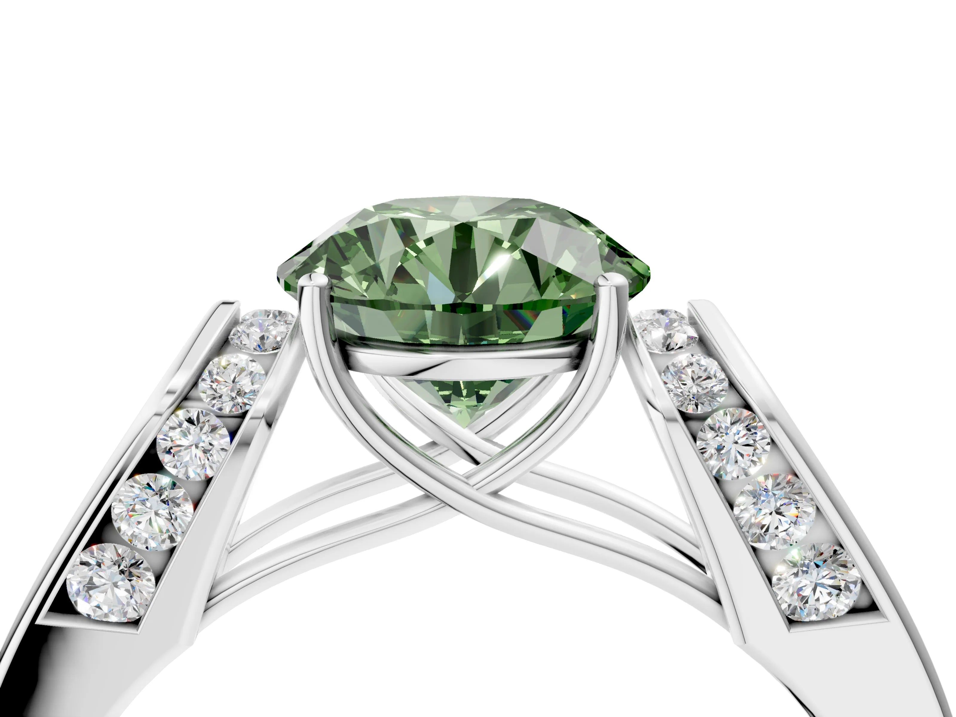 White gold Fancy Green Round Cut Cut Diamond Channel Set Solitaire Ring with Four-Prong Setting_124