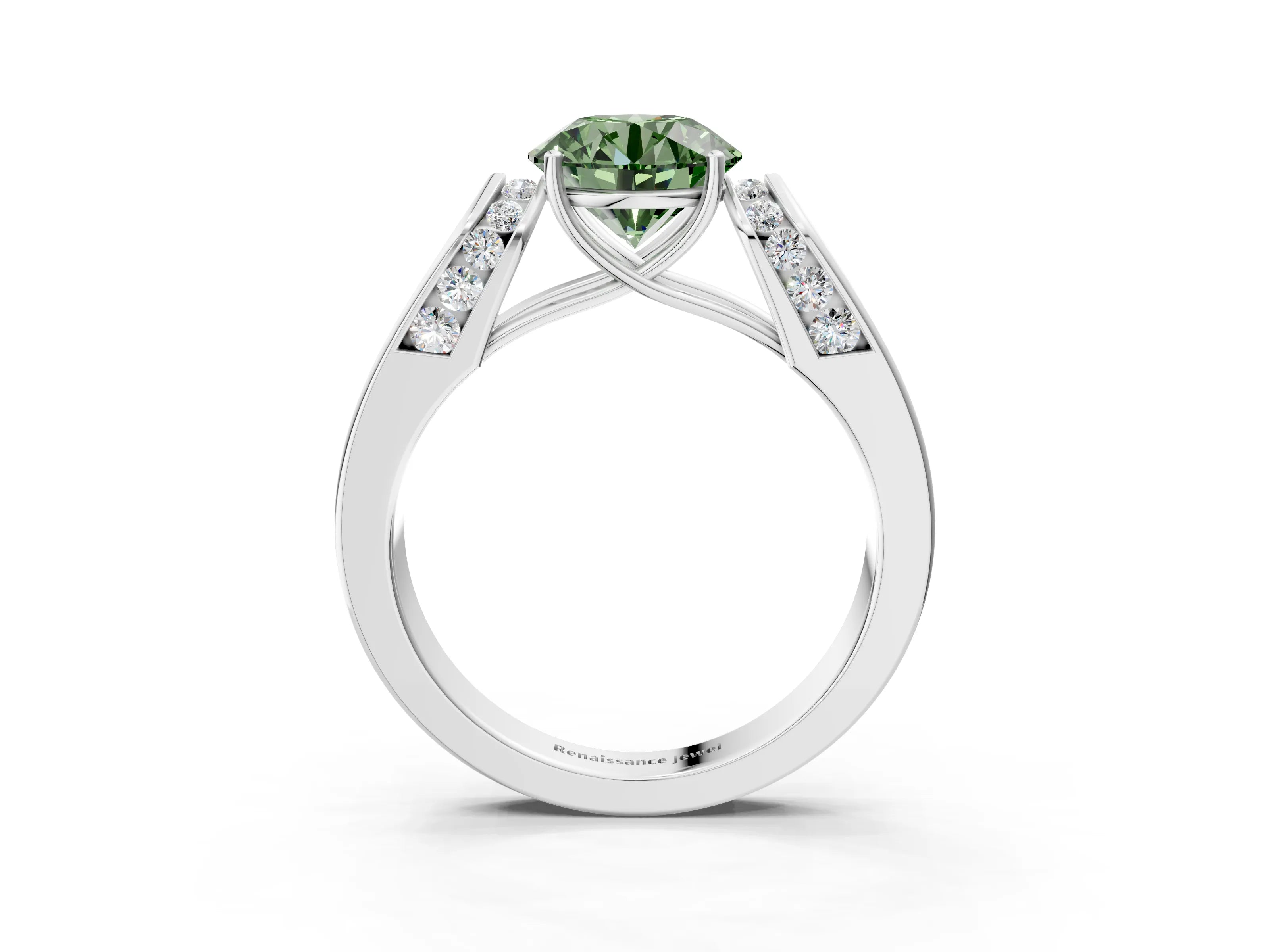 White gold Fancy Green Round Cut Cut Diamond Channel Set Solitaire Ring with Four-Prong Setting_3